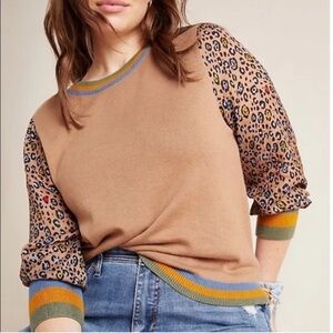 Anthropologie Celina Knit sweater contrast leopard print sleeves striped cuffs
